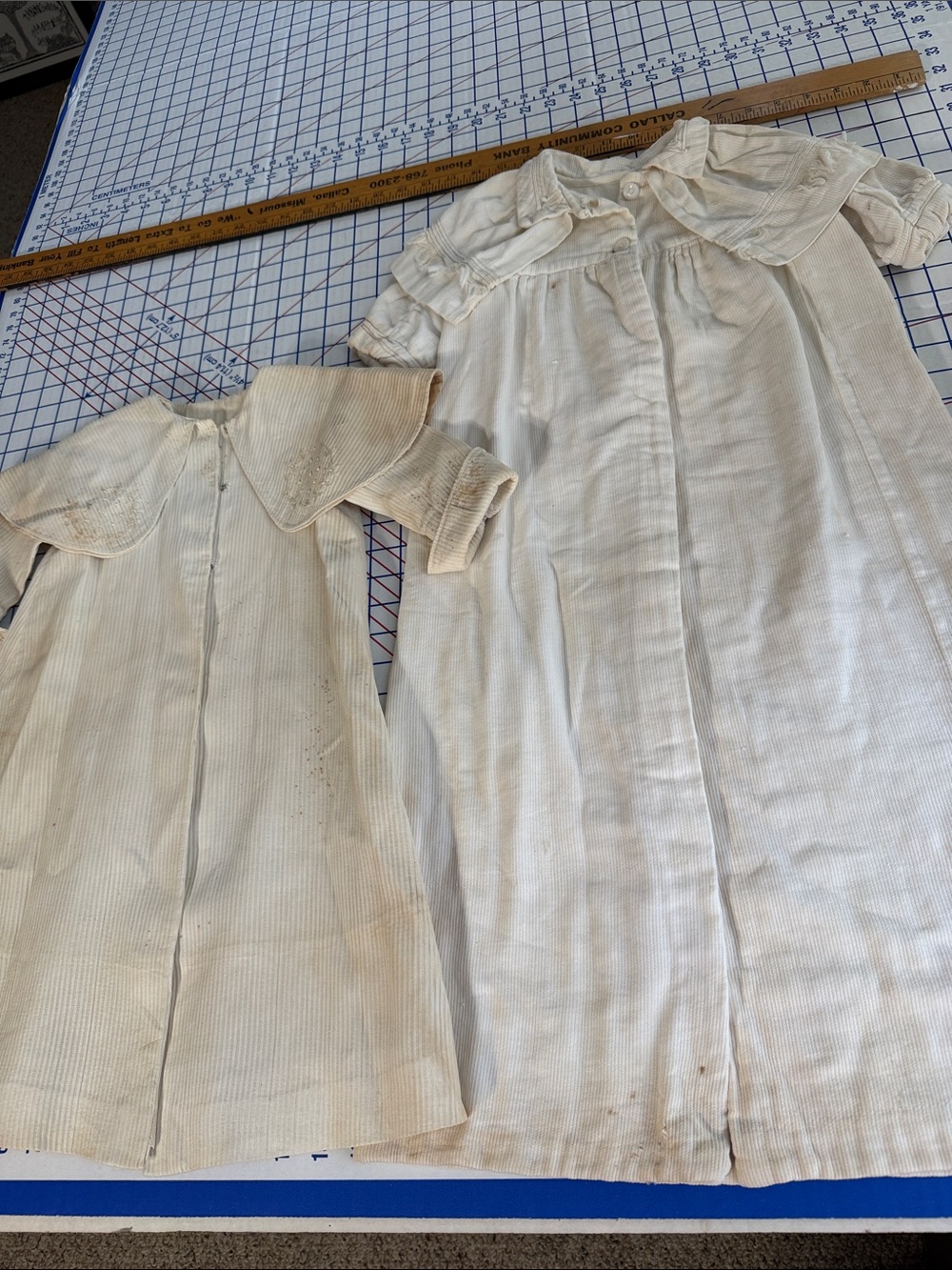 2 Antique Baby Gowns c1900-1920s Ribbed Cotton Embroidery Heirloom Sewing Cutter